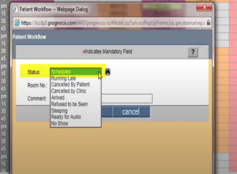 Incumbent EHR patient workflow status dropdown, showing states like scheduled, running late, arrived, no show